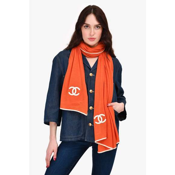 Chanel Accessories - Pre-Loved Chanel™ Orange/White Cashmere/Silk Logo Scarf (As Is)